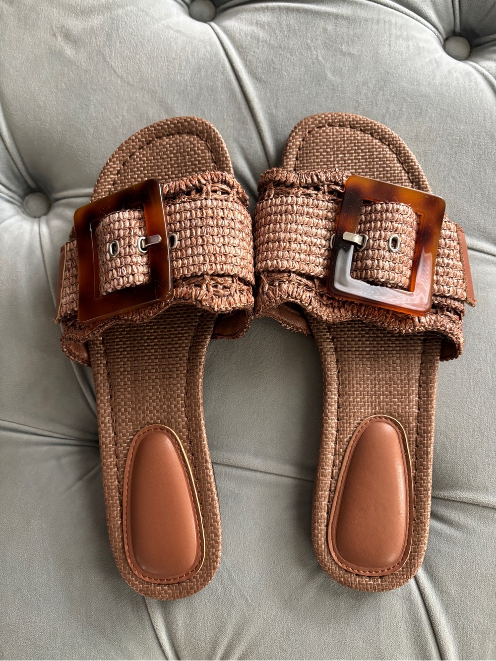 Women's Brown Woven Slide Sandals with Tortoiseshell Buckle